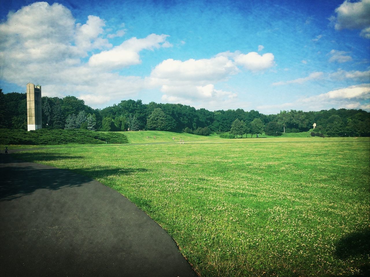 sky, grass, landscape, field, tranquil scene, tranquility, green color, scenics, tree, nature, cloud - sky, beauty in nature, rural scene, growth, grassy, cloud, agriculture, blue, day, no people