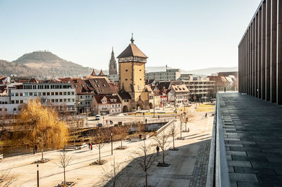 View of buildings in town of reutlingen against clear sky