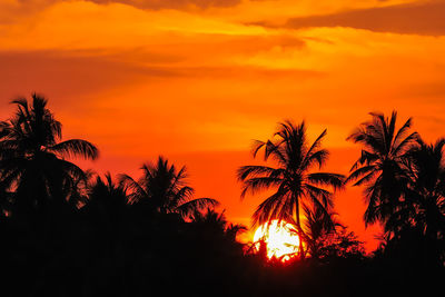 Silhouette palm trees against romantic sky at sunset