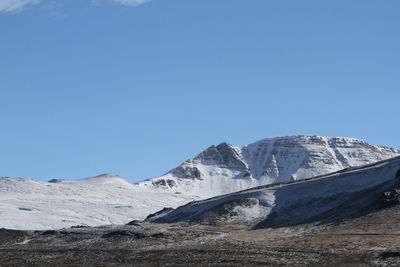 Scenic view of snowcapped mountains against clear blue sky