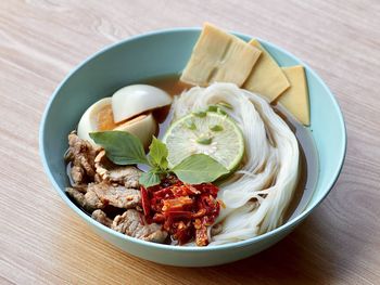 High angle view of food in bowl on table