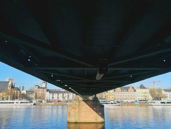 Bridge over river against sky in city