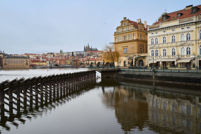 Bridge over river against buildings in city