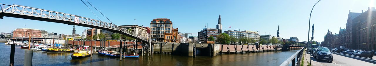 Boats in river with buildings in background