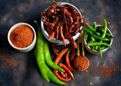 Close-up of chili peppers on table