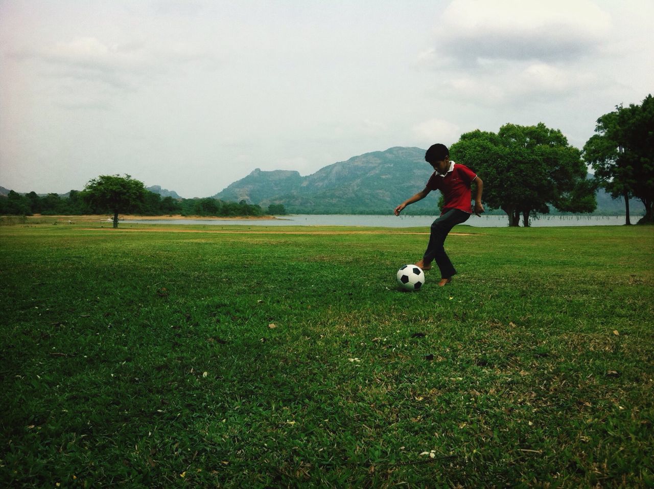 grass, full length, lifestyles, leisure activity, field, grassy, sky, green color, landscape, sport, men, casual clothing, walking, cloud - sky, nature, rear view, running, playing