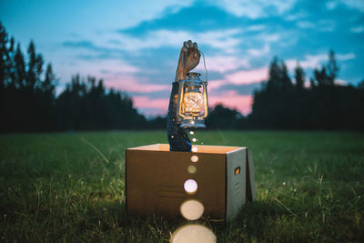 Cropped image of hand holding lantern in container on field against sky during sunset