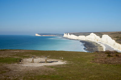 Lonely bench in seven sisters cliffs in east sussex, uk.