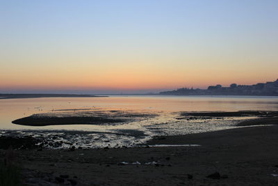 Scenic view of sea against clear sky during sunset