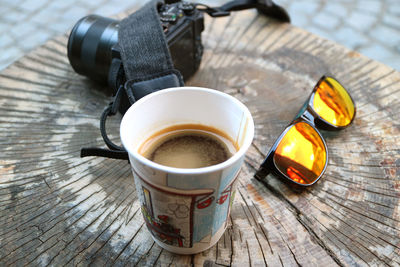 High angle view of coffee cup on table