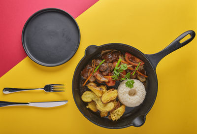 High angle view of food on table