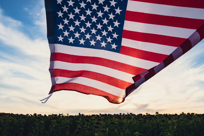 Low angle view of american flag against sky