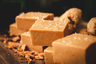 Close-up of chopped bread on table