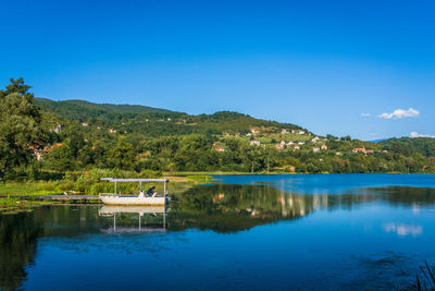 Scenic view of lake against blue sky