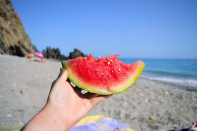 Cropped hand of person holding watermelon at beach