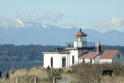 Lighthouse by sea against sky