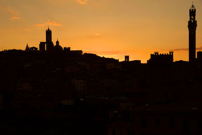 Low angle view of silhouette buildings against sky during sunset