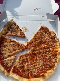 High angle view of pizza in plate on table