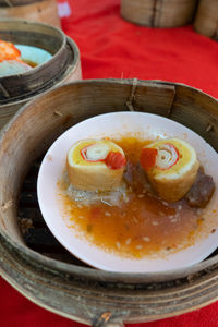 High angle view of soup in bowl on table