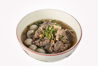 High angle view of soup in bowl on table