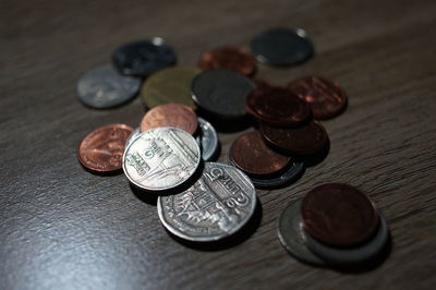 Close-up of coins on table