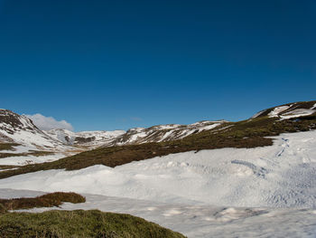 Scenic view of snowcapped mountains against clear blue sky