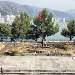 Built structure with mountains in background