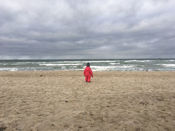 Rear view of person on beach against sky