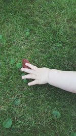 Woman lying on grassy field