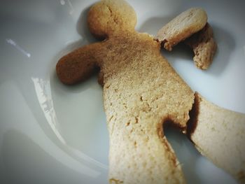 High angle view of broken gingerbread man in plate