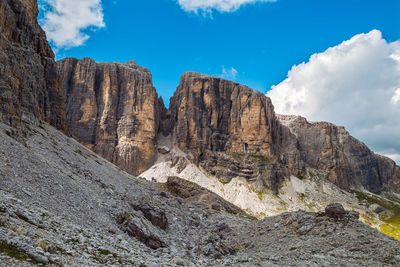 Sella group dolomite panorama in trentino alps, val di fassa, italy