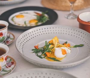 High angle view of breakfast served on table