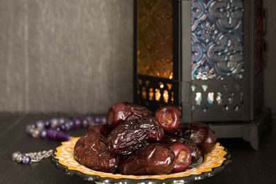 High angle view of dry dates on table