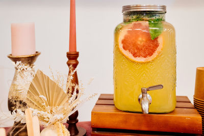 Close-up of drink served on table