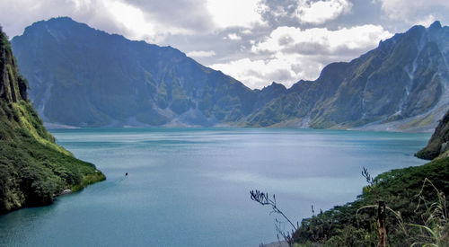 Scenic view of lake and mountains against sky