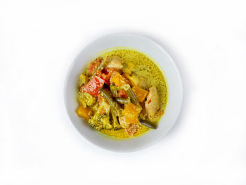 High angle view of food served in bowl on table