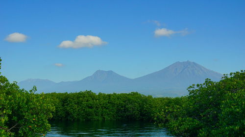 Scenic view of lake and mountains against sky