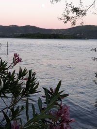 Scenic view of lake by mountain against sky