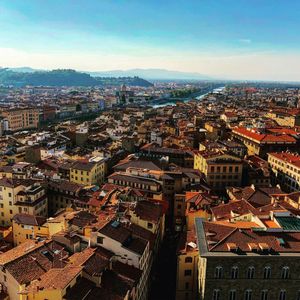 High angle shot of townscape against sky