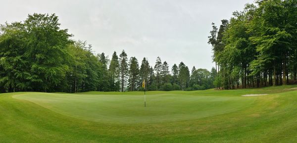 Flag pole on golf course against sky