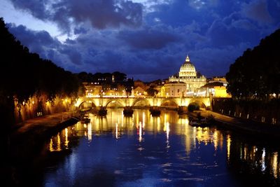 Reflection of illuminated buildings in water at night