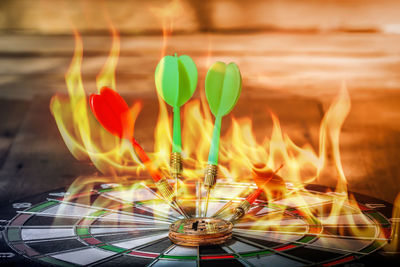 Close-up of illuminated candles on table