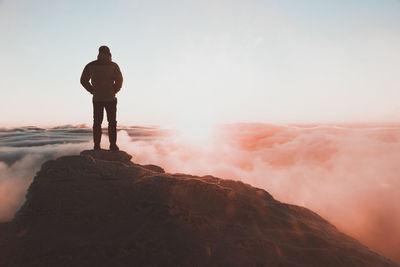 Rear view of man standing at white mountain national forest against sky