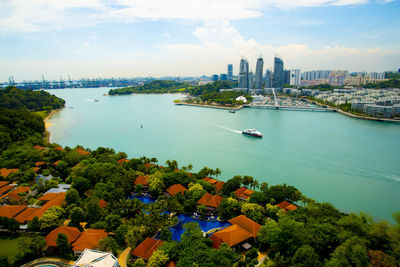 High angle view of boats in city