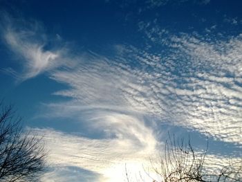 Low angle view of bare trees against cloudy sky