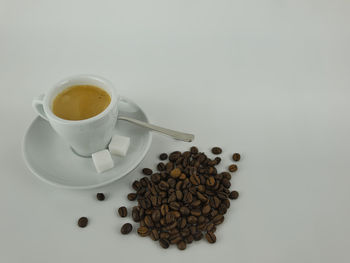 High angle view of coffee cup on table