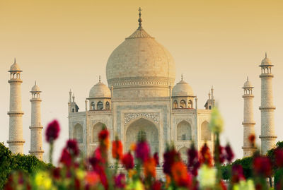 Low angle view of taj mahal against clear sky