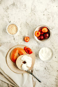 High angle view of breakfast on table