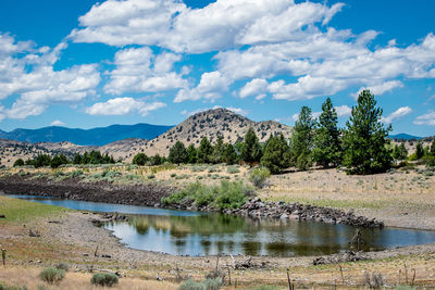 Scenic view of lake against cloudy sky