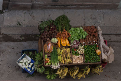 High angle view of vegetables in market stall